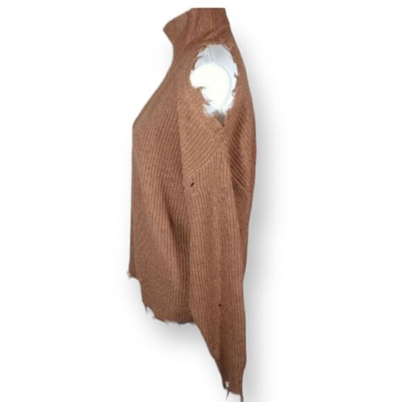 ZENANA DEEP CAMEL CUTOUT TURTLENECK DISTRESSED SWEATER NWT MULTIPLE SIZES - Picture 7 of 8